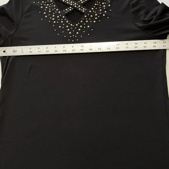 Susan Graver Liquid Knit Top sz S Caged Neck Stretch Moto Biker Office Church - Picture 5 of 7